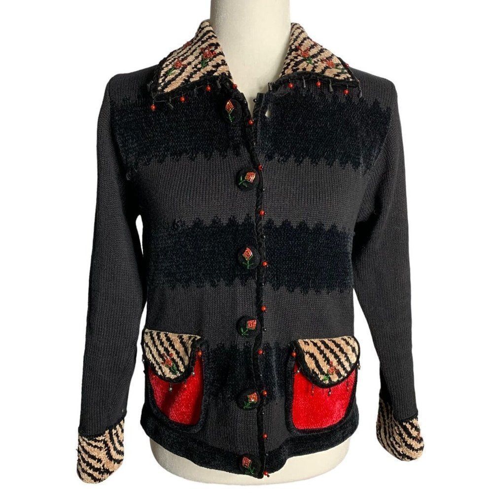 Vintage Jack B Quick Cardigan Sweater S Black Beaded Flowers Buttons Chenille